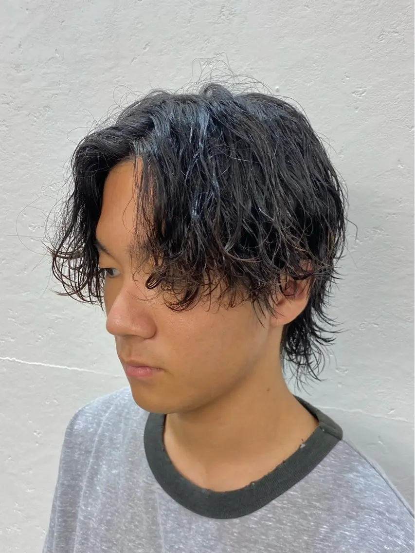 ショート パーマ メンズ メンズパーマ 波巻きパーマ メンズウルフカット ウルフカット レイヤーボブ/ 艶カラー/サナ🌼のヘアスタイル