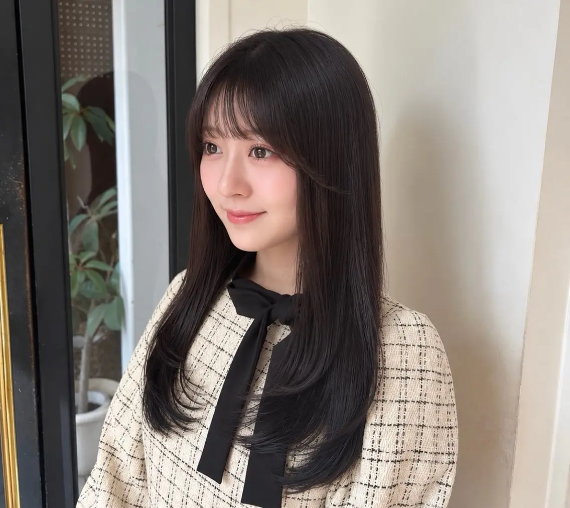 ミディアム パーマ くびれヘア レイヤーカット 酸性ストレート ストレートパーマ カット 縮毛矯正 トリートメント ヒナ/酸性ストレート /髪質改善のヘアスタイル