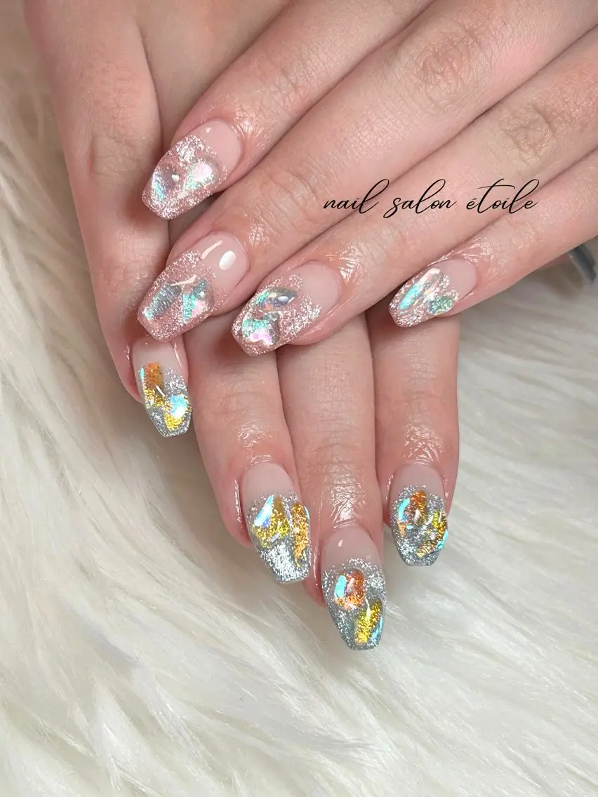 ネイル オーロラネイル ブルー フラッシュネイル ロングネイル ピンク ハンドネイル nail salon étoileのネイルデザイン