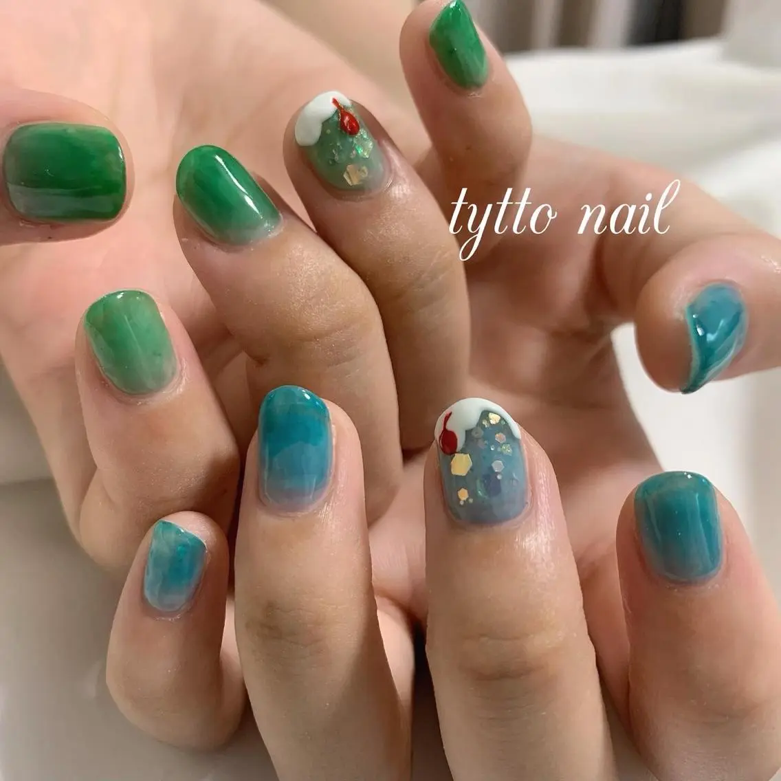 ネイル ブルー グリーン 韓国ネイル ショートネイル 夏ネイル ハンドネイル tytto nail ❤︎‪‪eri‪‪のネイルデザイン