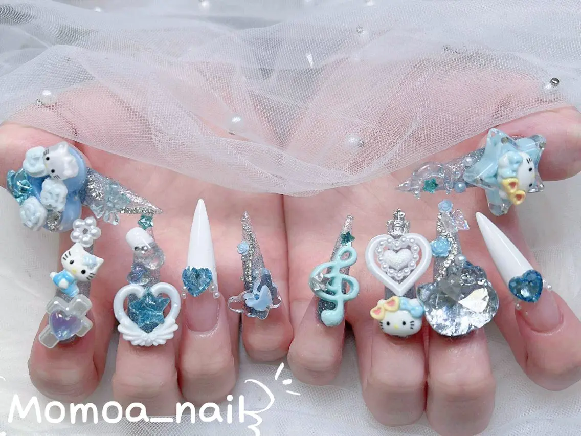 ネイル 成人式 ロングネイル マグネットネイル 大理石ネイル(マーブル) リボン ハンドネイル MoMoA Nail ネイル長さ出し専門店のネイルデザイン