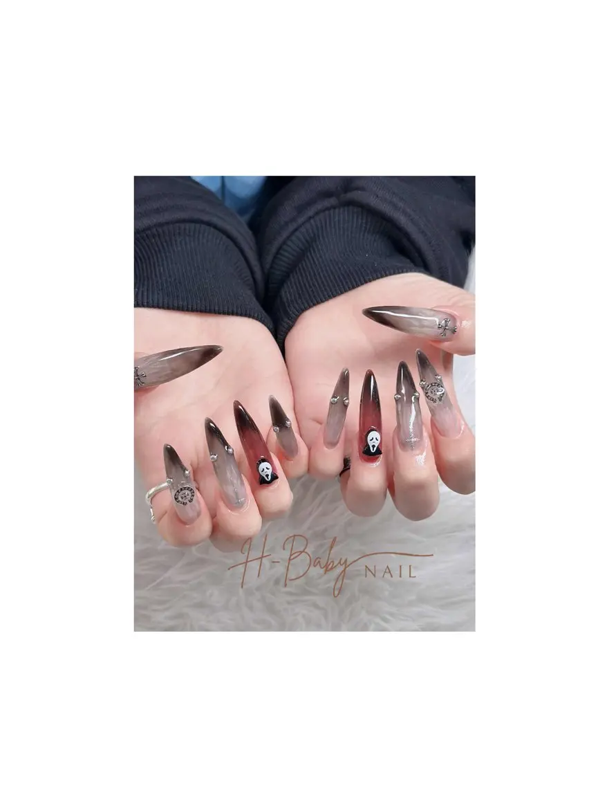 ネイル フレンチネイル ジェルネイル ガラスフレンチ ハロウィン ハート ハンドネイル H.baby Nail Salonのネイルデザイン