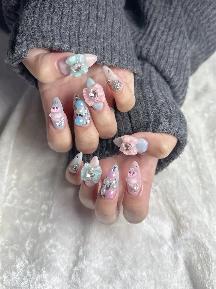 ネイル ロングネイル リボン ハンドネイル うにゃねいる🌷 Mayaのネイルデザイン