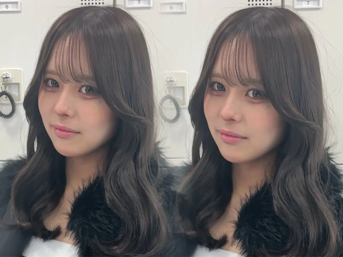 ロング 顔周りカット 髪質改善 韓国風ヘア レイヤーカット 小顔カット カット ヘアカラー トリートメント 顔まわりレイヤー/諒 オリーブカラー/天神のヘアスタイル