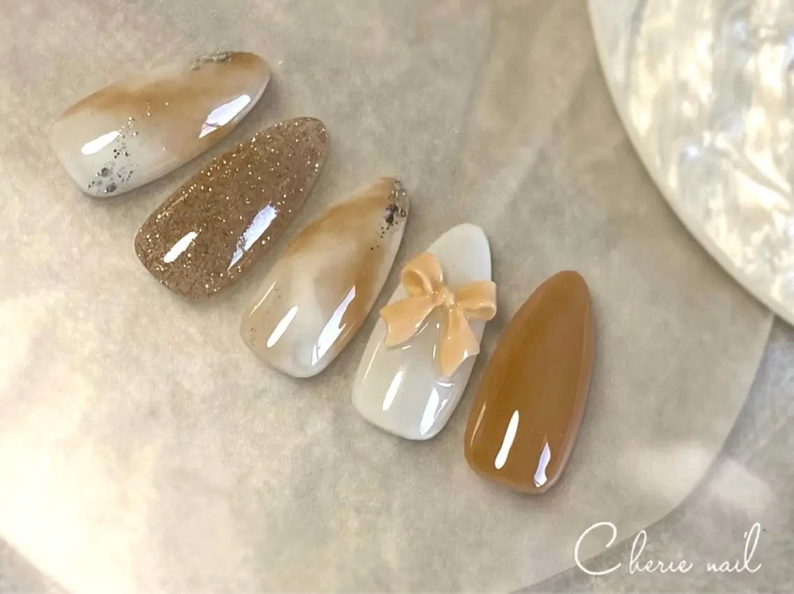 ネイル ブラウン フラッシュネイル ジェルネイル ニュアンスネイル リボン Cherienail yunaのネイルデザイン