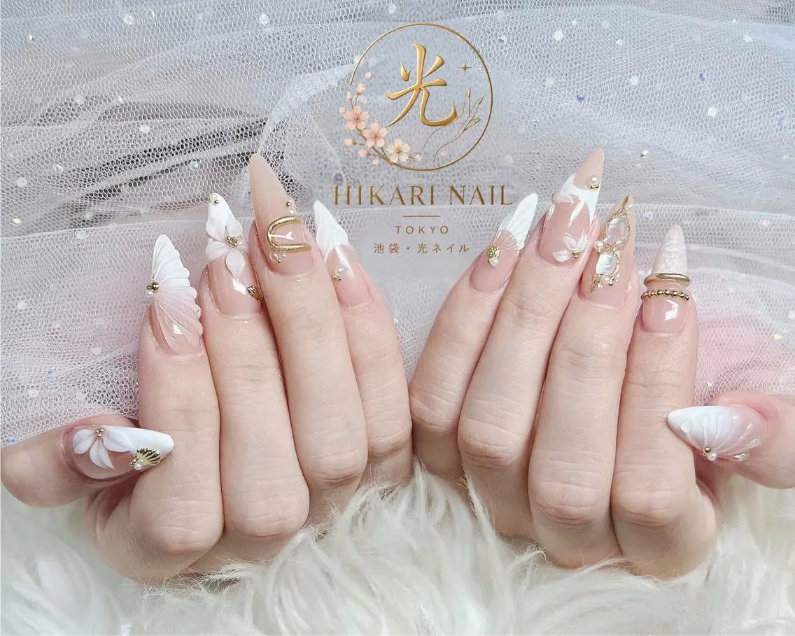 ネイル チークネイル 長さ出し フレンチネイル ガーリー ハート ハンドネイル HikariNail Ikebukuroのネイルデザイン