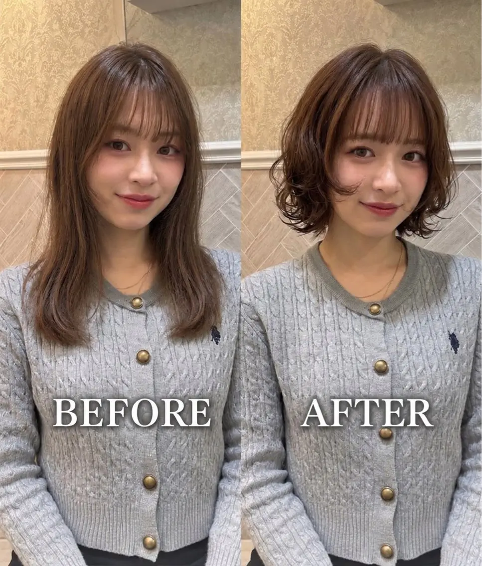ミディアム パーマ ボブ カット ヘアカラー トリートメント ボブレイヤー/ 西宮北口/みなみのヘアスタイル