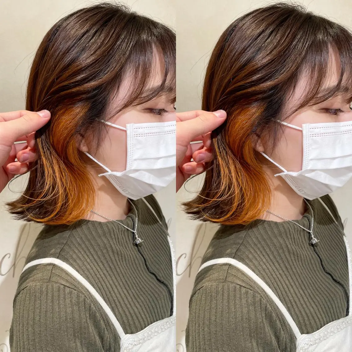 カラー イヤリングカラー オレンジ 髪質改善🪄 イルミナカラー岩谷のヘアスタイル