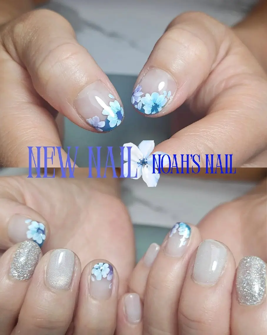 ネイル アートネイル ブルー フラッシュネイル フラワーネイル フレンチネイル ハンドネイル Noah'snail   のネイルデザイン
