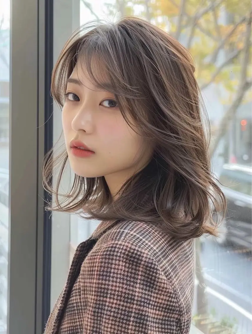 セミロング レイヤーカット 外ハネヘア オリーブベージュ/ 上田優希　/透明感カのヘアスタイル