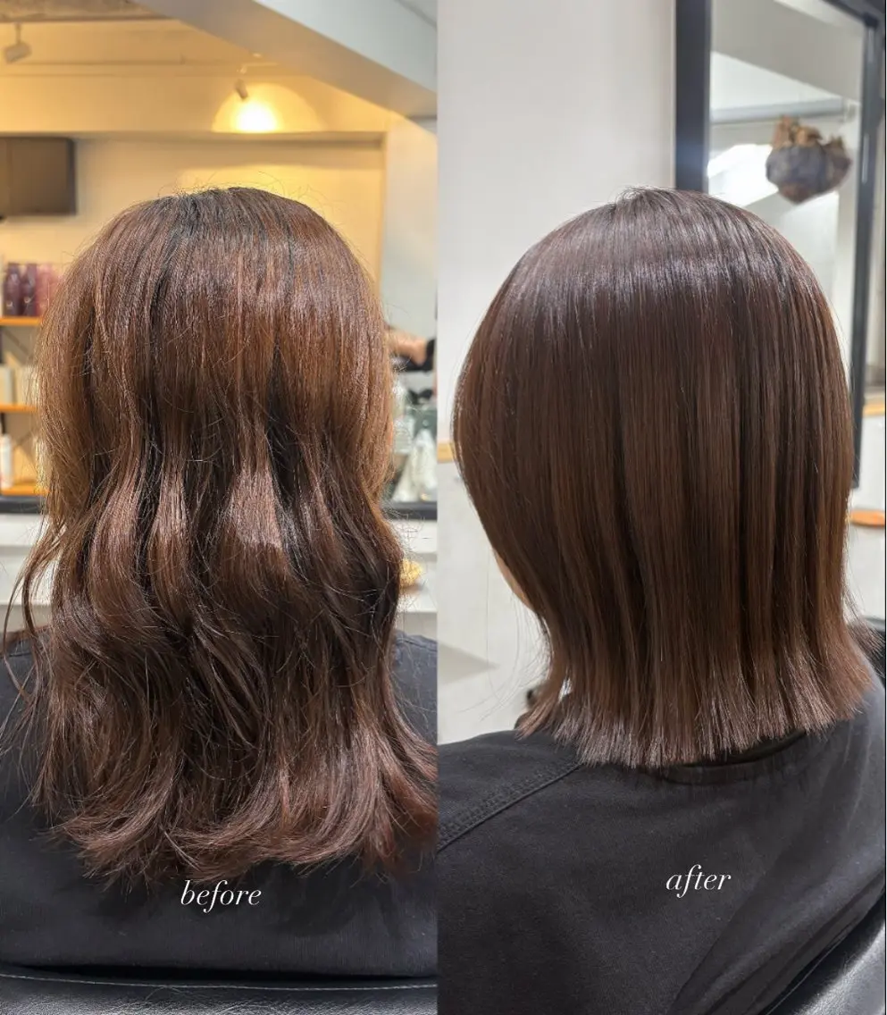 ミディアム 外ハネヘア カット ヘアカラー 縮毛矯正 トリートメント 新宿/ボブ/レイヤー 縮毛矯正/SACHIのヘアスタイル