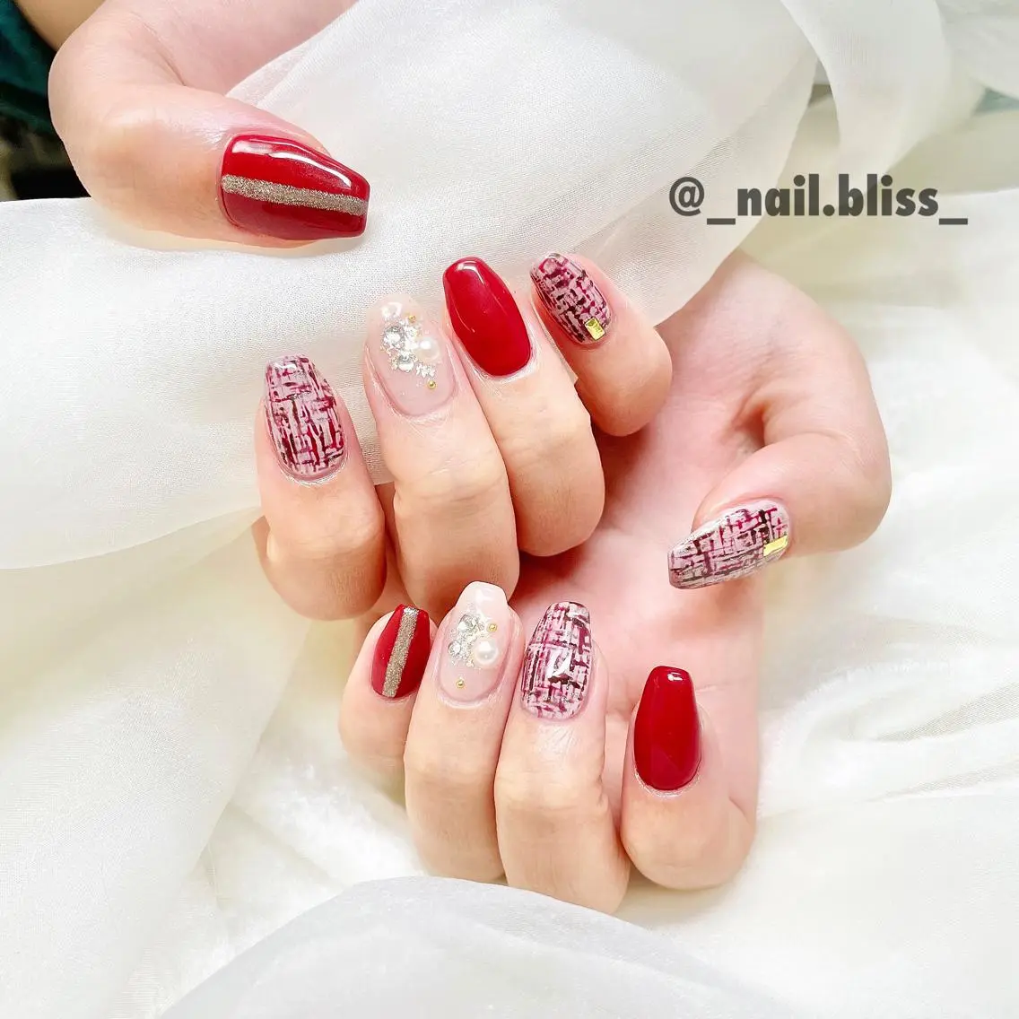 ネイル ボルドー ツイードネイル ハンドネイル NAIL BLISSのネイルデザイン