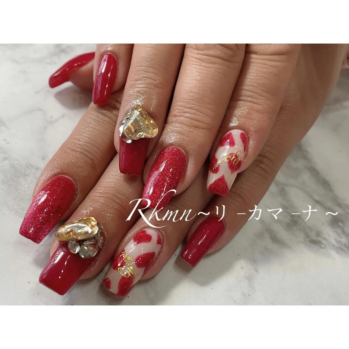ネイル アートネイル ハート 赤色 春ネイル ハンドネイル フットネイル ハンドケア Rkmn ~リ-カマ-ナ~のネイルデザイン