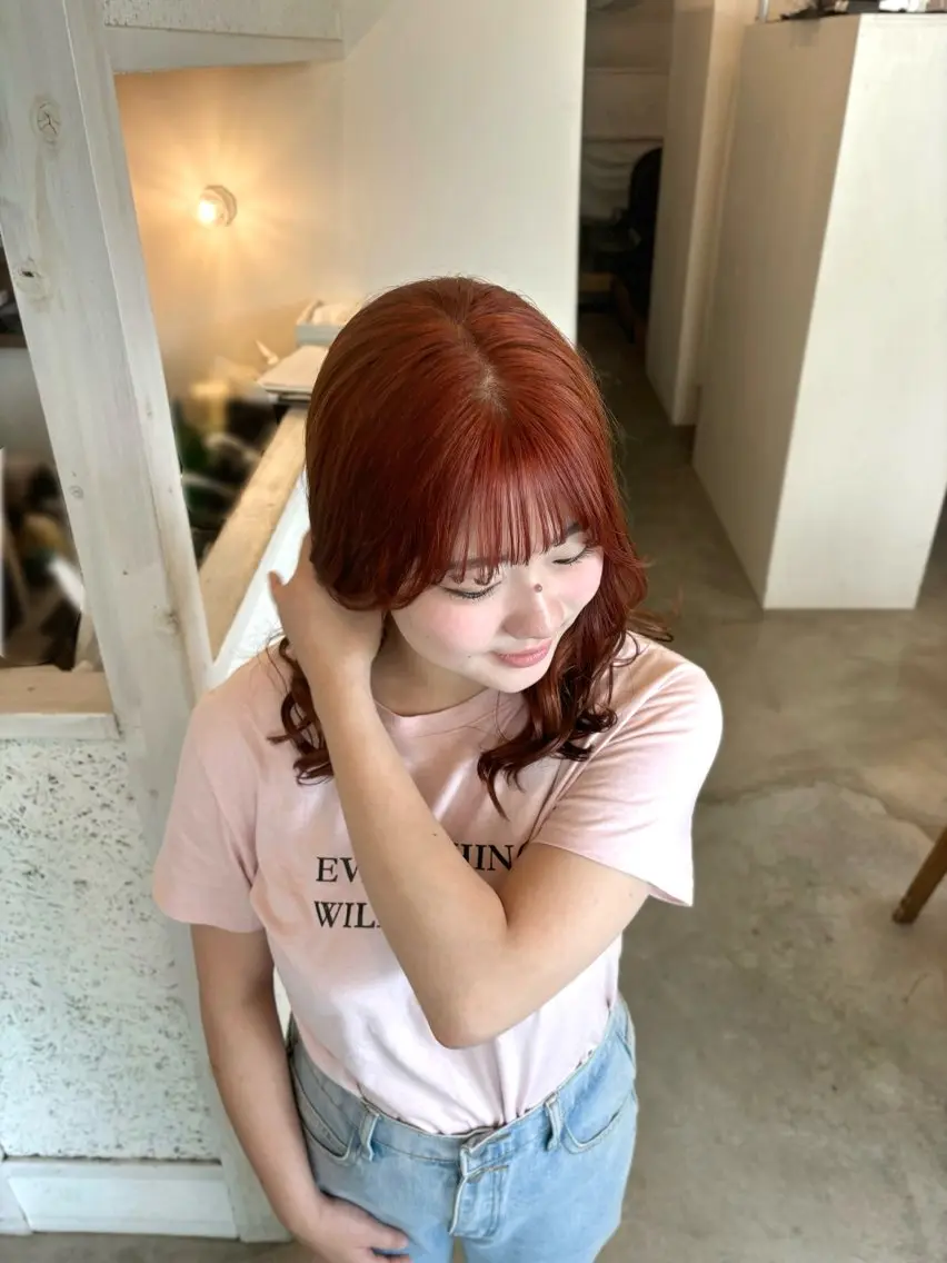 ミディアム カラー ブリーチ ブリーチなしカラー オレンジ カット ヘアカラー SABO /透明感カラー/美髪のヘアスタイル