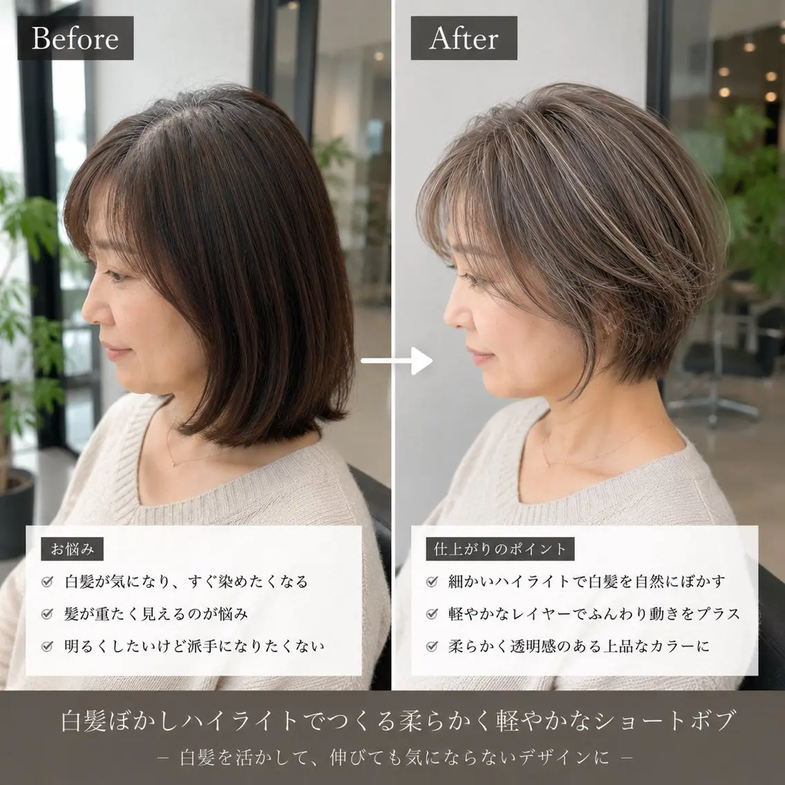 ショート カラー ブリーチ ハイライトカラー ブリーチなしカラー ボブ ハイライト ヘアカラー 白髪ぼかしのプロ ✨たいきのヘアスタイル