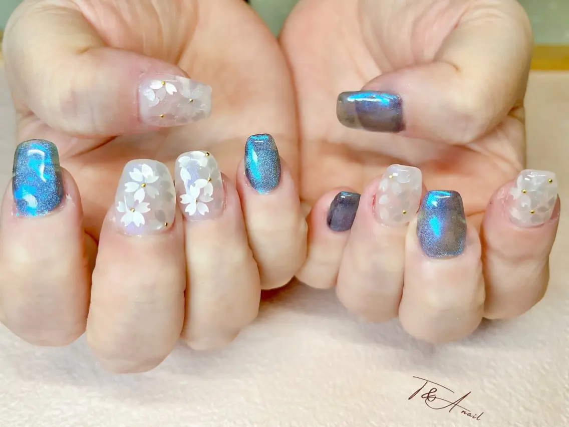 ネイル ブルー 桜ネイル 長さ出し ジェルネイル マグネットネイル T&A nailのネイルデザイン
