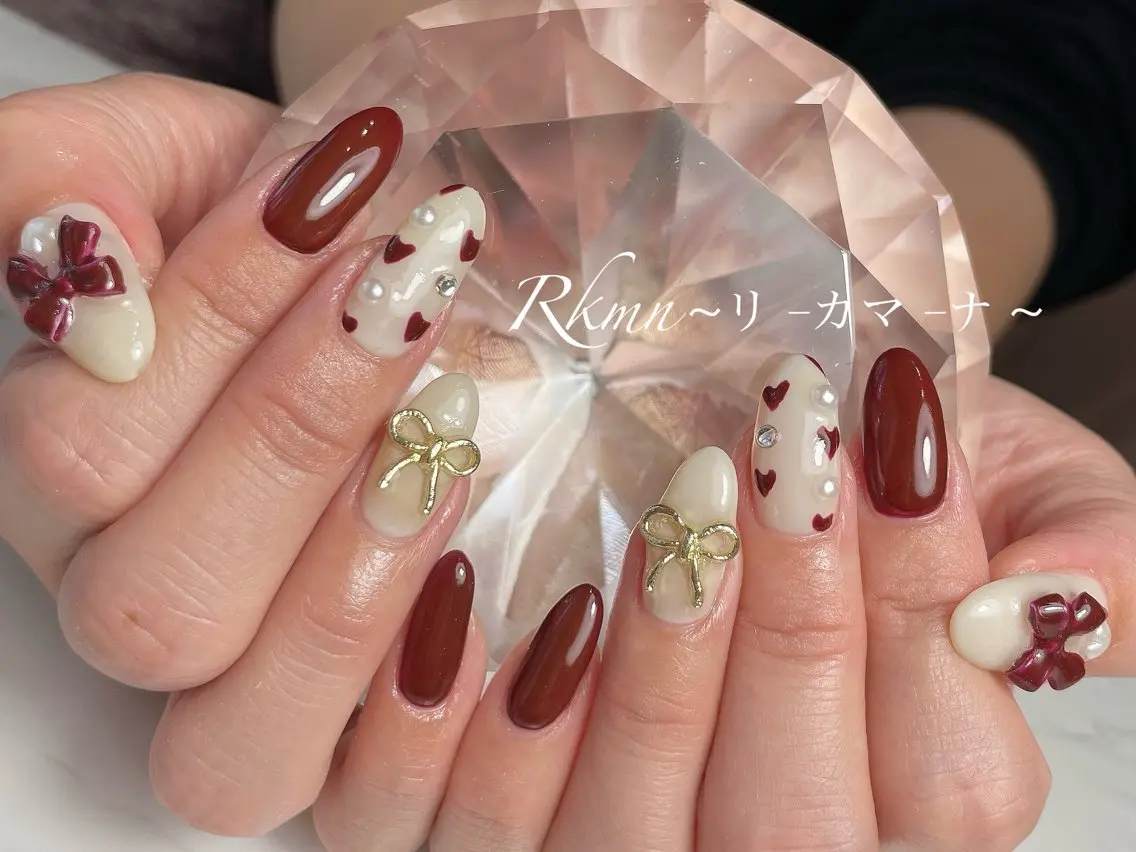 ネイル アートネイル 持ち込み リボン スカルプネイル ハンドネイル フットネイル ハンドケア Rkmn ~リ-カマ-ナ~のネイルデザイン