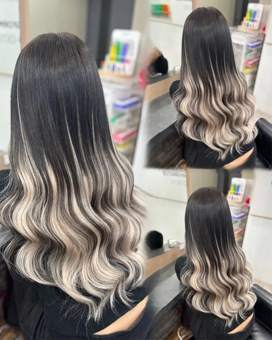 ロング カラー アッシュ アッシュブラック バレイヤージュ 黒髪 ブリーチ ヘアカラー エクステ 横浜/エクステ特化× 艶カラー/あいかのヘアスタイル