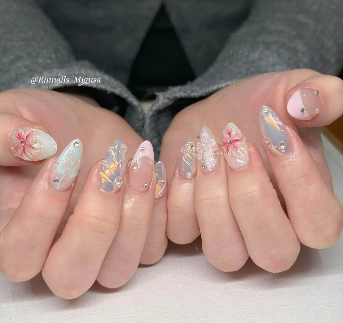 ミディアム 韓国風ヘア ハンドネイル RIN NAILS ᥫ᭡Migusaのネイルデザイン