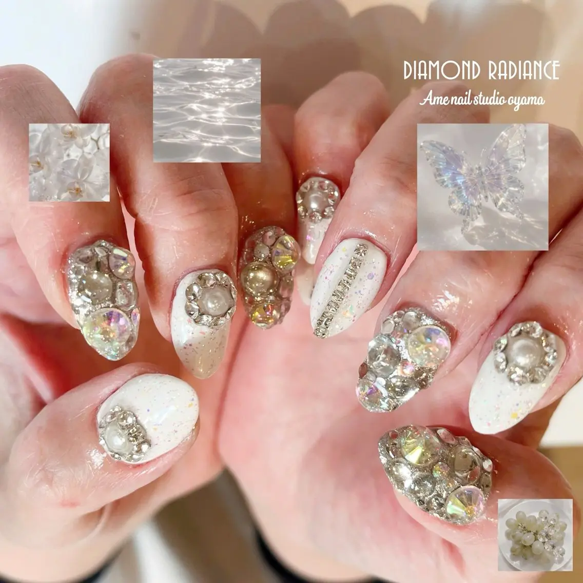 ネイル フラワーネイル ラメ(グリッター) ストーンネイル ホワイト ハンドネイル ハンドケア AME NAIL STUDIO小山店のネイルデザイン