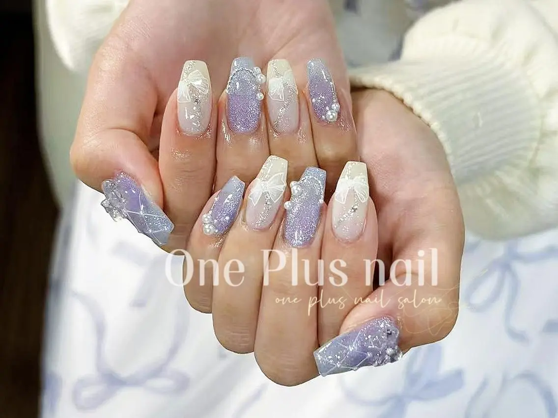 ネイル ガーリー ハート キラキラネイル 韓国ネイル ロングネイル One Plus Nail Salonのネイルデザイン