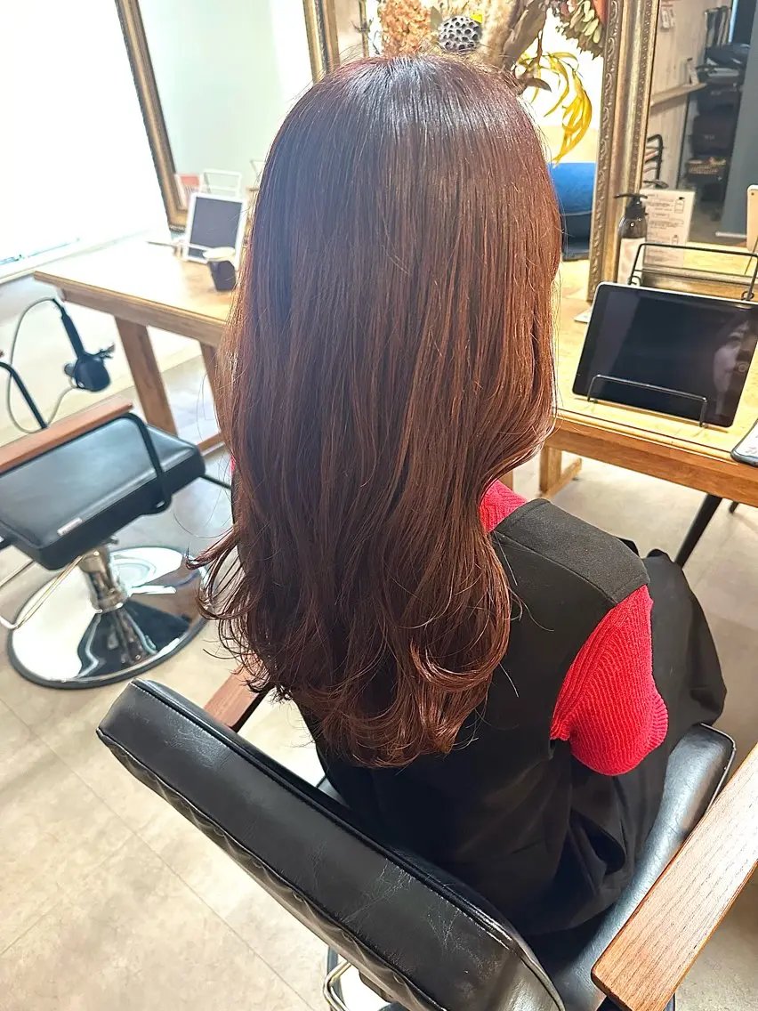 ロング カラー ブリーチ ブラウンカラー ブリーチなしカラー レッドカラー レッドブラウン いけだ ひかり ハイライトくびれヘアのヘアスタイル
