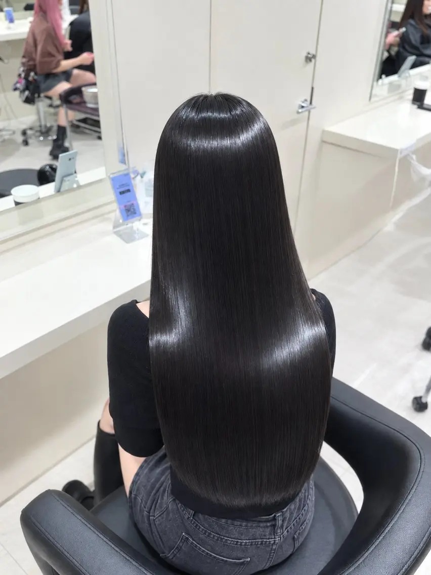 ロング 髪質改善 縮毛矯正 酸性ストレート カット ヘアカラー 縮毛矯正 縮毛矯正× ブルーブラック/池袋のヘアスタイル