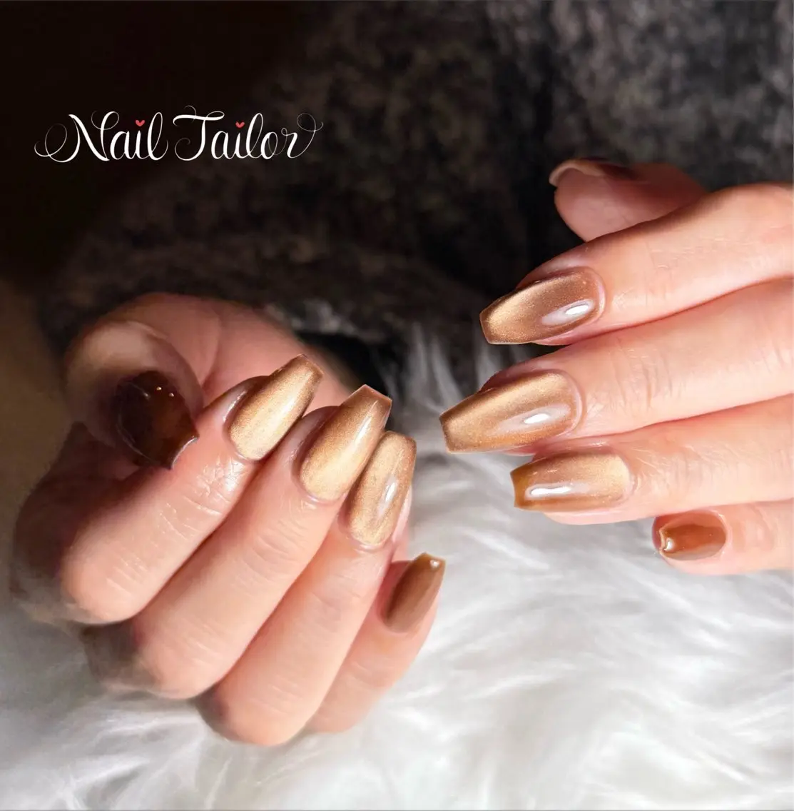 ネイル ブラウン 長さ出し フレンチネイル キラキラネイル マグネットネイル ハンドネイル NailTailor ネイルテイラーのネイルデザイン