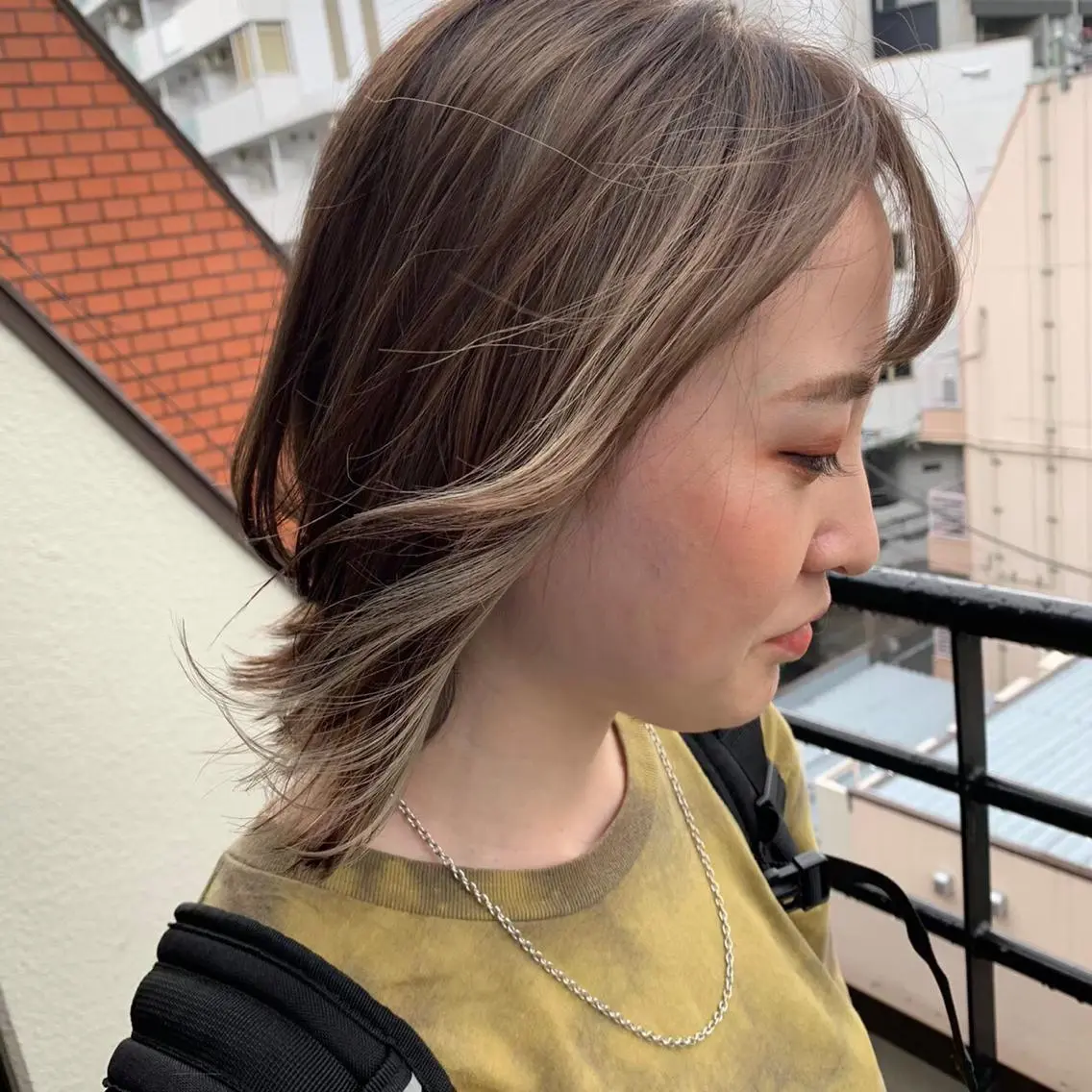 ミディアム カラー ヘアアレンジ キッズ アディクシーカラー バレイヤージュ ミストバング ベージュカラー 黒髪 カラー特化サロン Eir心斎橋のヘアスタイル