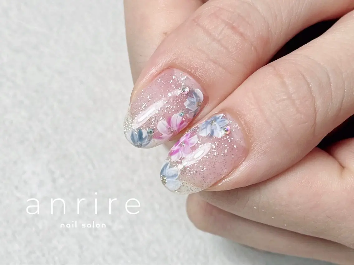 ネイル フラッシュネイル フラワーネイル ジェルネイル キラキラネイル レース nailsalon anrireのネイルデザイン