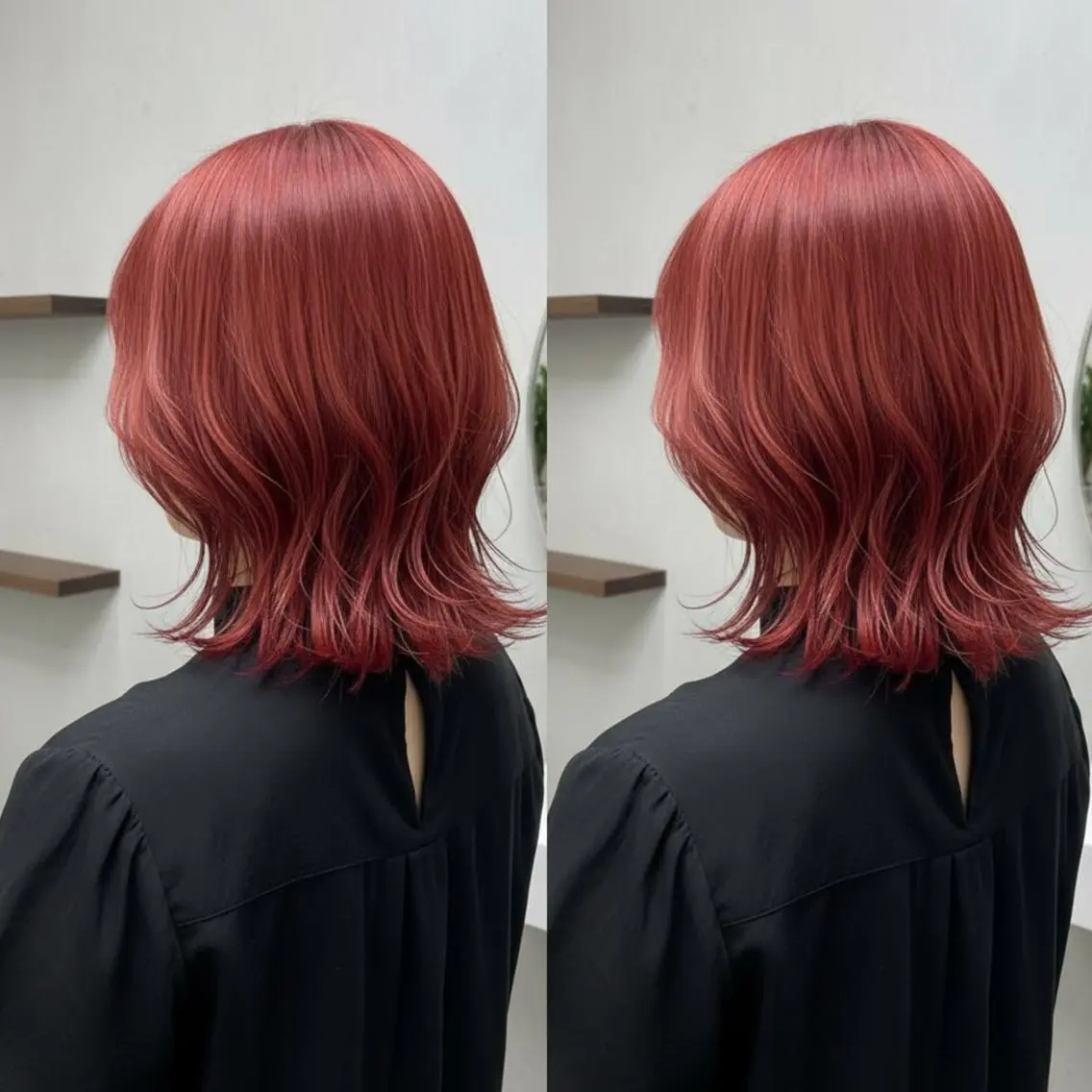 ミディアム ヘアカラー トリートメント 💕透明感赤味カラー ぱっつんボブ🩷のヘアスタイル
