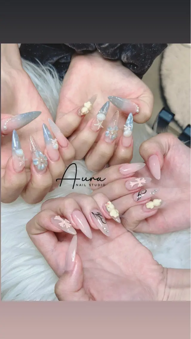 ネイル 韓国ネイル ロングネイル おそろいネイル 夏ネイル ワンホンネイル ハンドネイル Aura Nail Studioのネイルデザイン