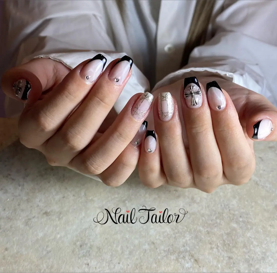 ネイル 長さ出し フレンチネイル ジェルネイル ラメ(グリッター) 大理石ネイル(マーブル) ハンドネイル NailTailor ネイルテイラーのネイルデザイン