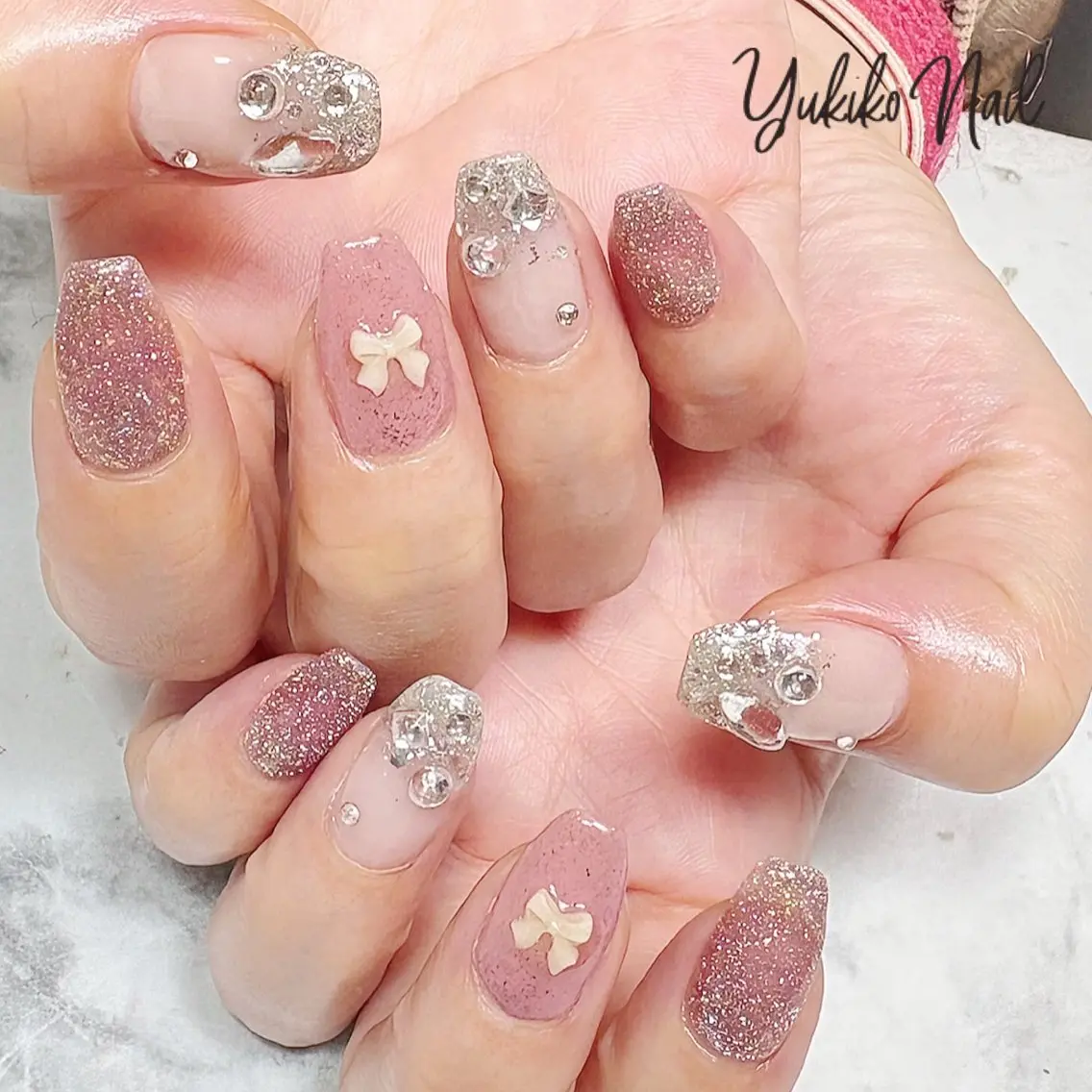ネイル ピンク リボン 春ネイル ワンホンネイル ハンドネイル ユキコ ネイルのネイルデザイン