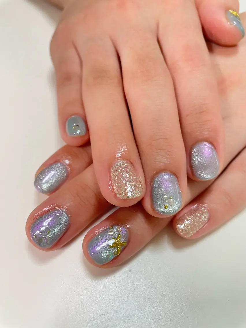 ネイル ブルー ジェルネイル マグネットネイル シルバー Nial Salon 幸のネイルデザイン
