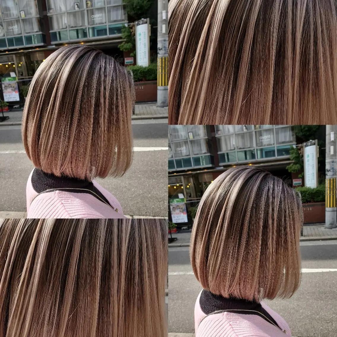 ミディアム ヘアカラー ツヤ髪✨縮毛矯正 ハイトーンカラーのヘアスタイル