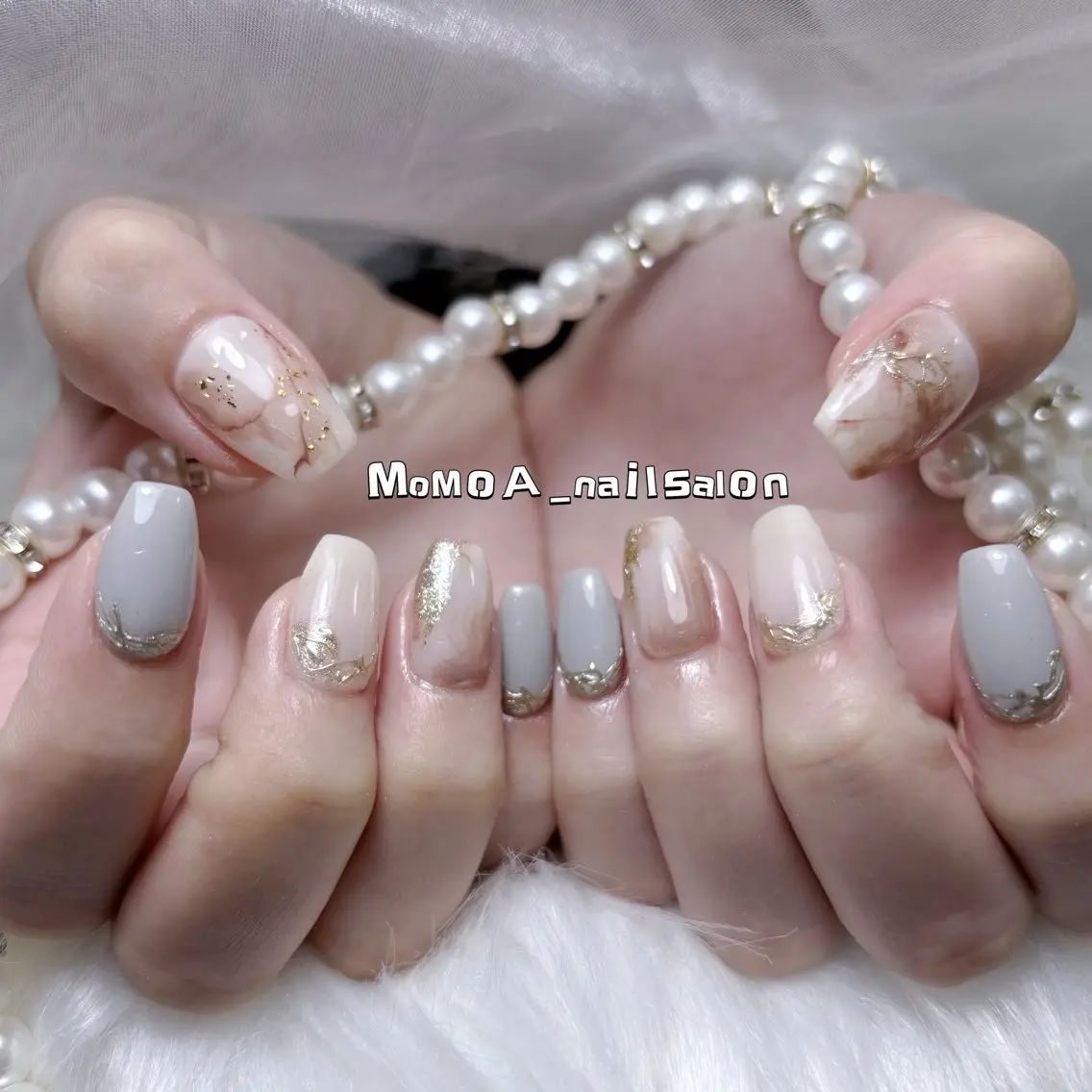 ネイル 成人式 ジェルネイル ロングネイル マグネットネイル 大理石ネイル(マーブル) ハンドネイル MoMoA Nail ネイル長さ出し専門店のネイルデザイン