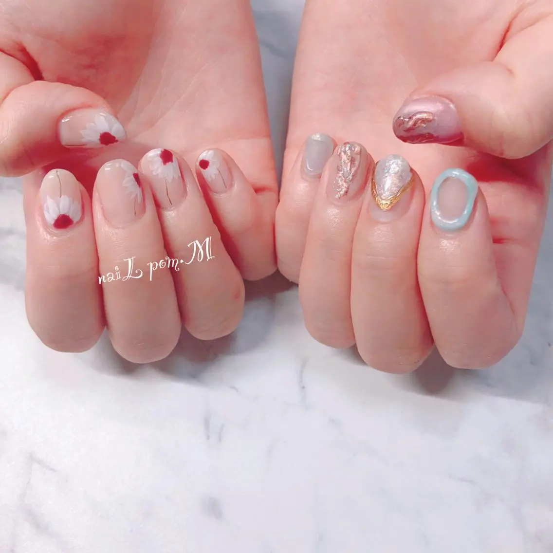ネイル フラワーネイル ニュアンスネイル ぷっくりネイル 春ネイル ハンドネイル ハンドケア naiL pom.Mのネイルデザイン