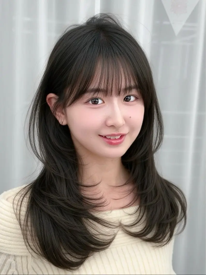 セミロング 韓国風ヘア レイヤーカット カット ヘアカラー トリートメント 割れない顔まわり× 小顔補正レイヤー難波のヘアスタイル