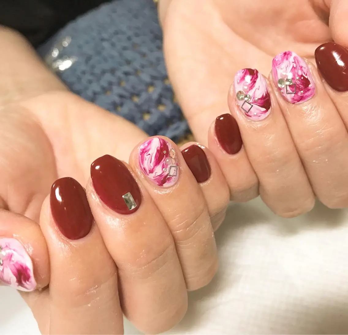 ネイル ボルドー フットネイル 大理石ネイル(マーブル) シンプルネイル 春ネイル nail fufla ♡yamane♡のネイルデザイン