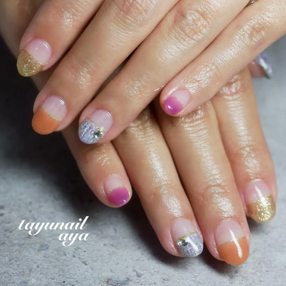 ネイル ブルー フレンチネイル ジェルネイル パラジェル ツイードネイル ネイルサロン 【たゆnail】のネイルデザイン