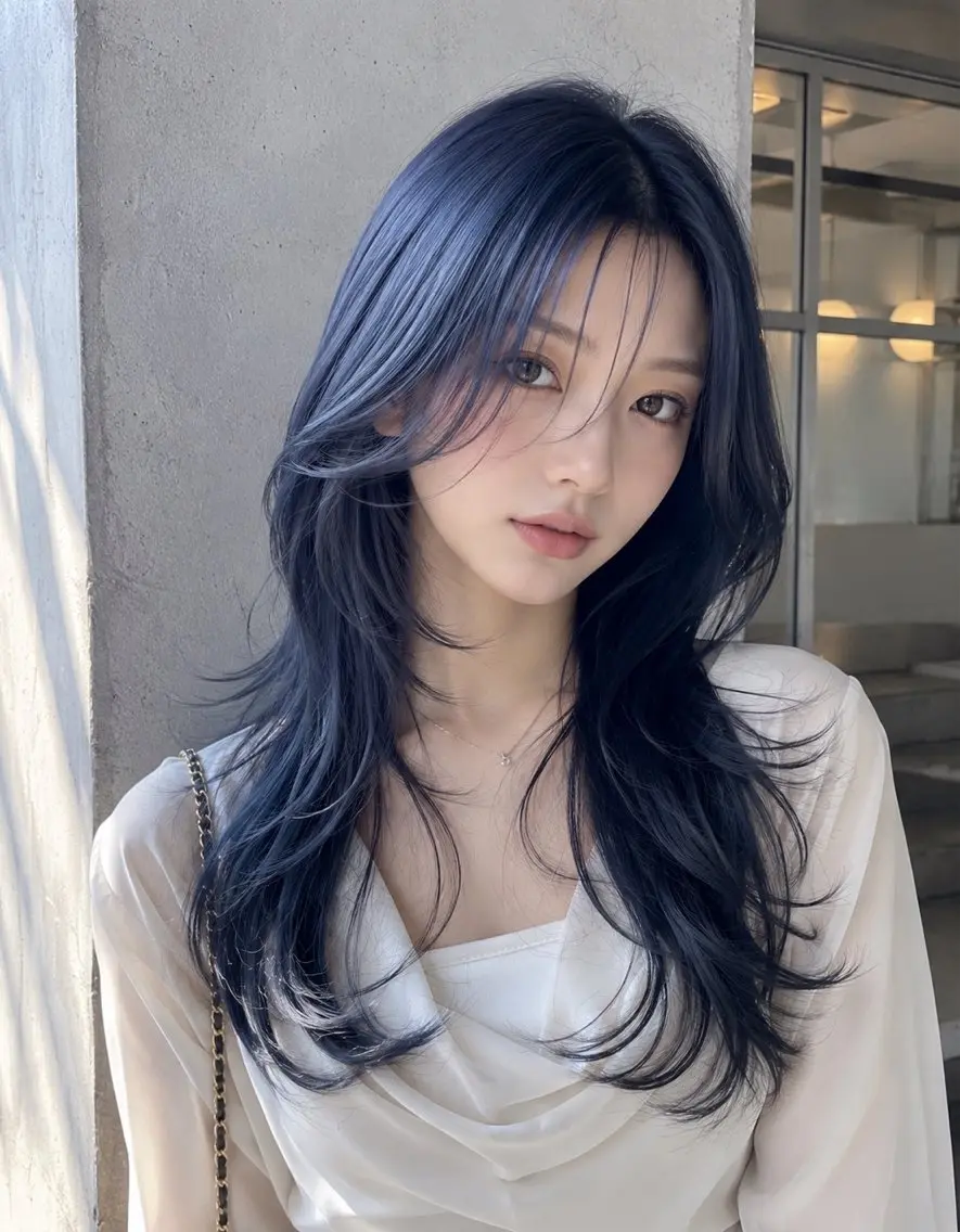 ロング カラー ブルーカラー 透明感カラー ネイビーカラー 顔まわりレイヤー 顔周りカット カット ヘアカラー トリートメント lua店 Yugo(河野有吾)のヘアスタイル