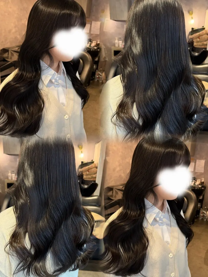ロング カラー アッシュ アッシュブラック 黒髪 くびれヘア ヘアカラー あみ/暗髪オリ ーブ特化🍃髪質改善のヘアスタイル