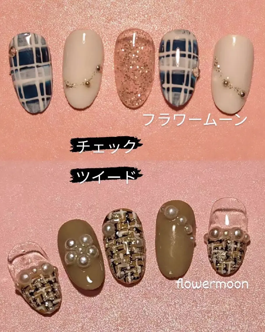 ネイル ツイードネイル フラワー ムーンのネイルデザイン
