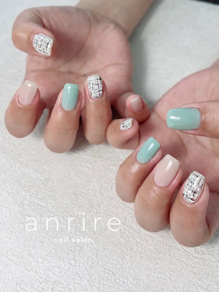 ネイル ブルー ジェルネイル グリーン オフィスネイル ワンカラーネイル nailsalon anrireのネイルデザイン