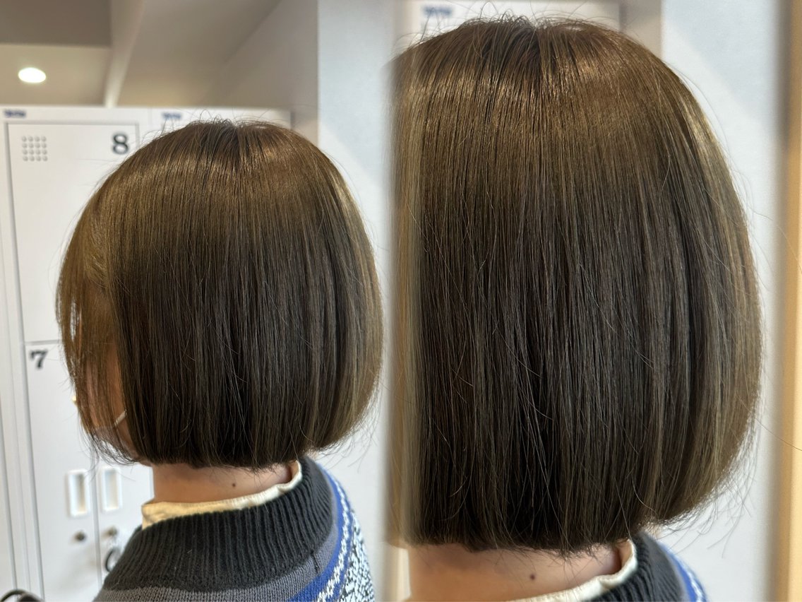 ショート 切りっぱなしボブ アッシュ ボブ カット ヘアカラー トリートメント ヘッドスパ IROWどうもん店 /まゆなのヘアスタイル