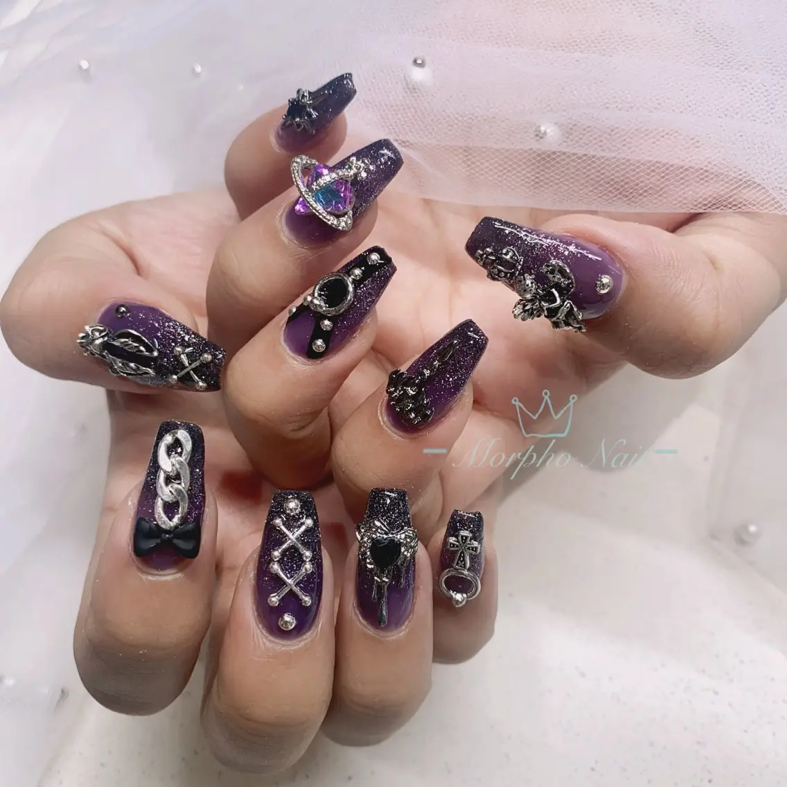ネイル 長さ出し ジェルネイル キラキラネイル 大理石ネイル(マーブル) ニュアンスネイル Morpho nailのネイルデザイン