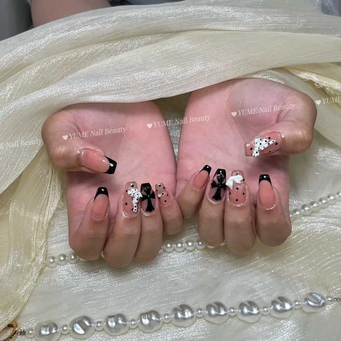 ネイル ドット フレンチネイル リボン ハンドネイル YUME Nail Beauty いちごのネイルデザイン