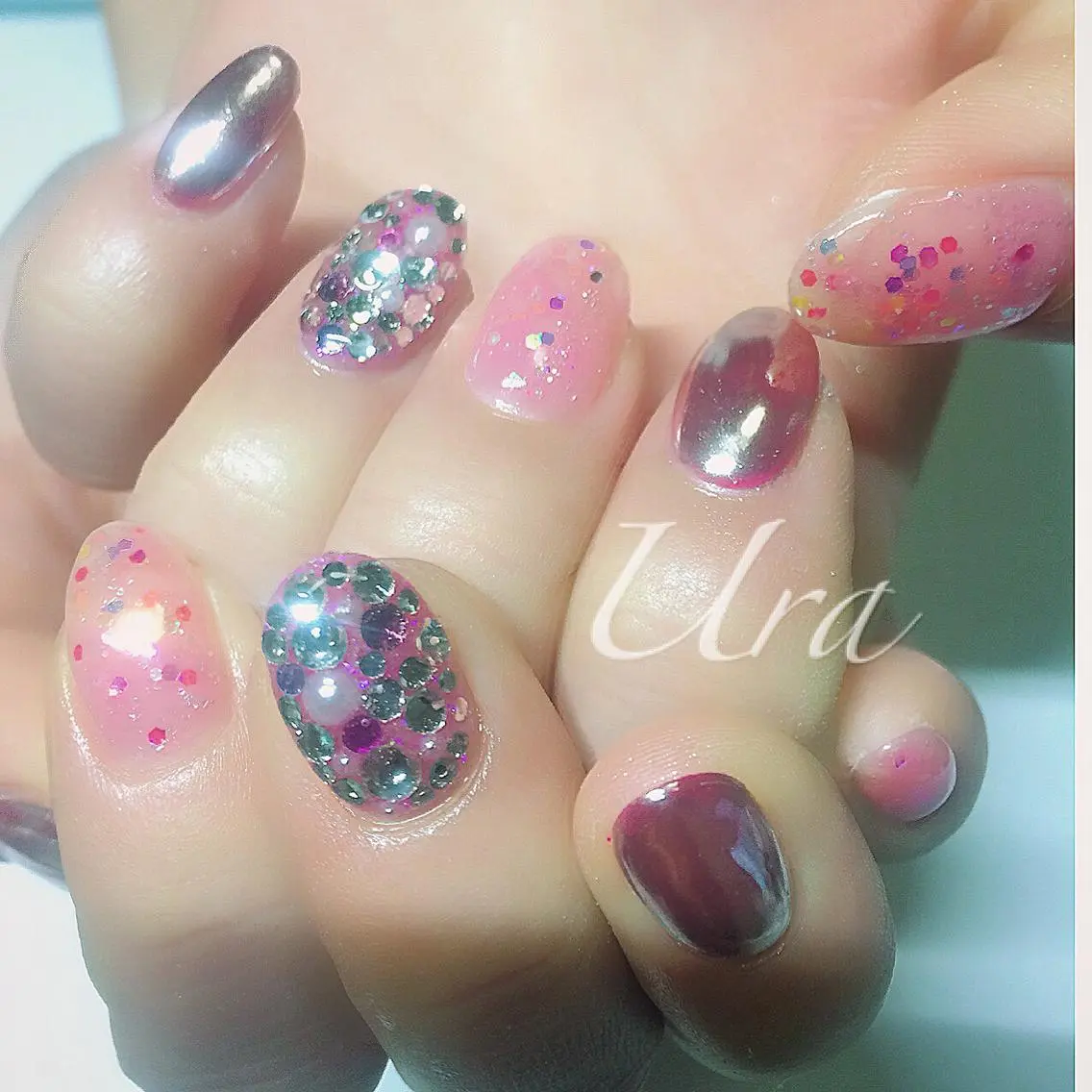 ネイル クリアネイル ラメ(グリッター) ミラーネイル ピンク UrakoNail 《nail》のネイルデザイン