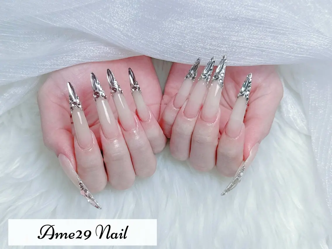 ネイル フラワーネイル ロングネイル オフィスネイル ピンク ピンクベージュ AME29 Nail ネイルサロンのネイルデザイン